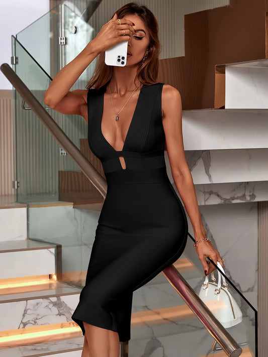 فستان نسائي أنيق مثير لربيع وصيف، أسود متوسط ​​الطول، بدون أكمام، ضيق، مناسب للحفلات والكوكتيلات والسهرة