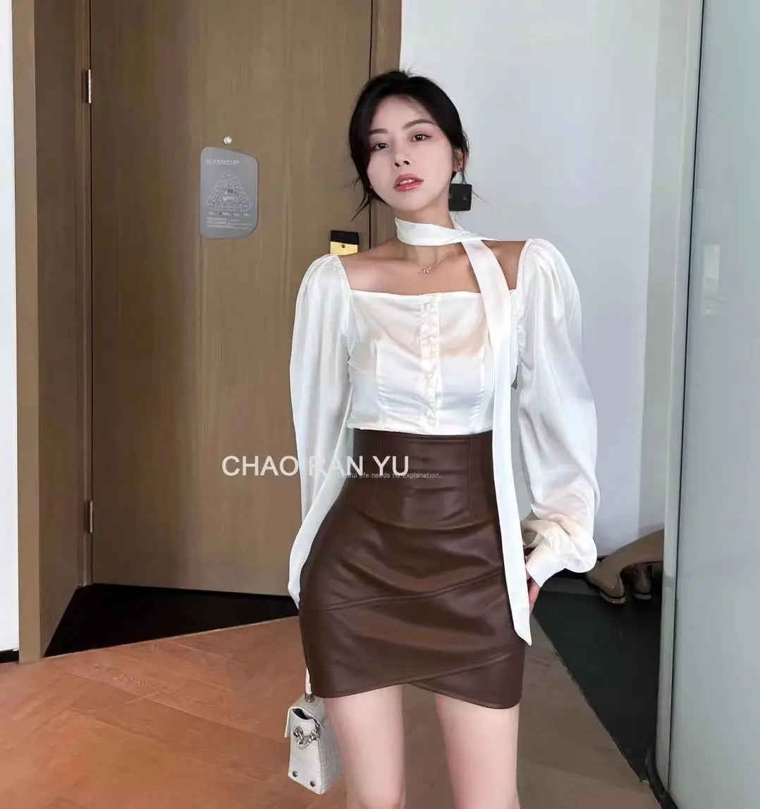 Women Clothing 2025 Autumn Korean Fashion Sexy Irregular Bodycon Mini Skirts Female High Waist Solid PU Leather Skirt Y2K Faldas