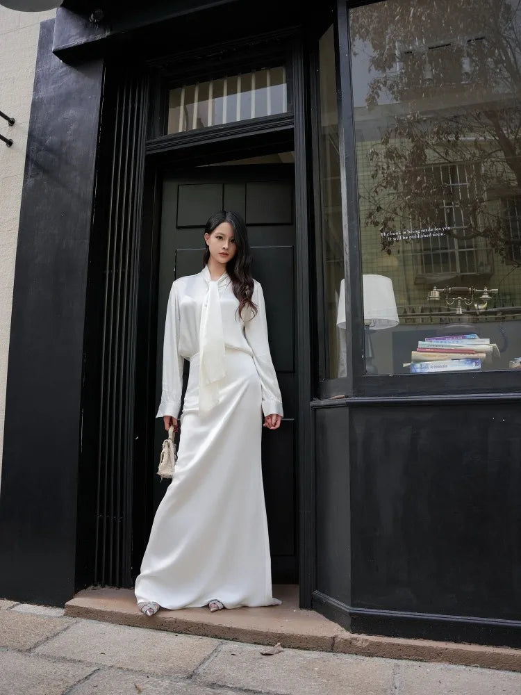 Women's Fashion Trend Sexy Goddess Level Satin Silk Feeling Floor Dragging White Fishtail Skirt Half Skirt Long Sleeved Silk Top