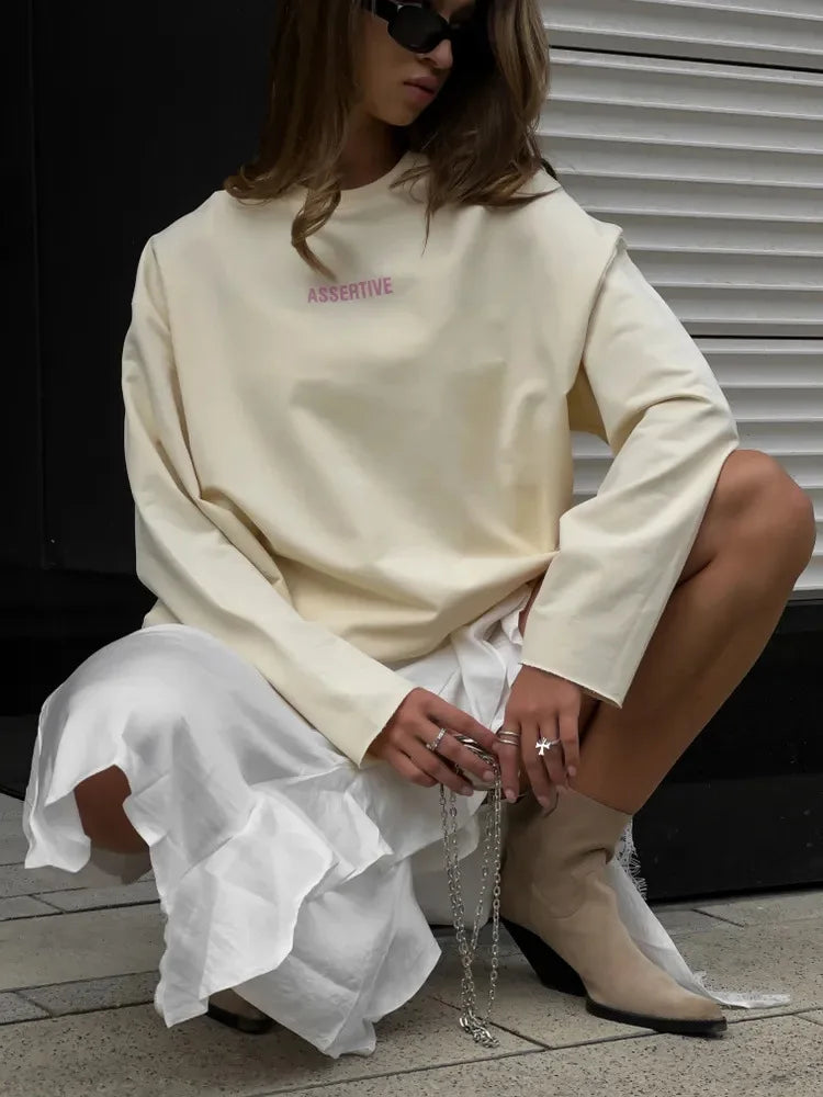 Women's Clothing Spring Loose Solid Color Round Neck Long Sleeve Tops Casual Fashion Simple Style All-match Trendy Comfortable