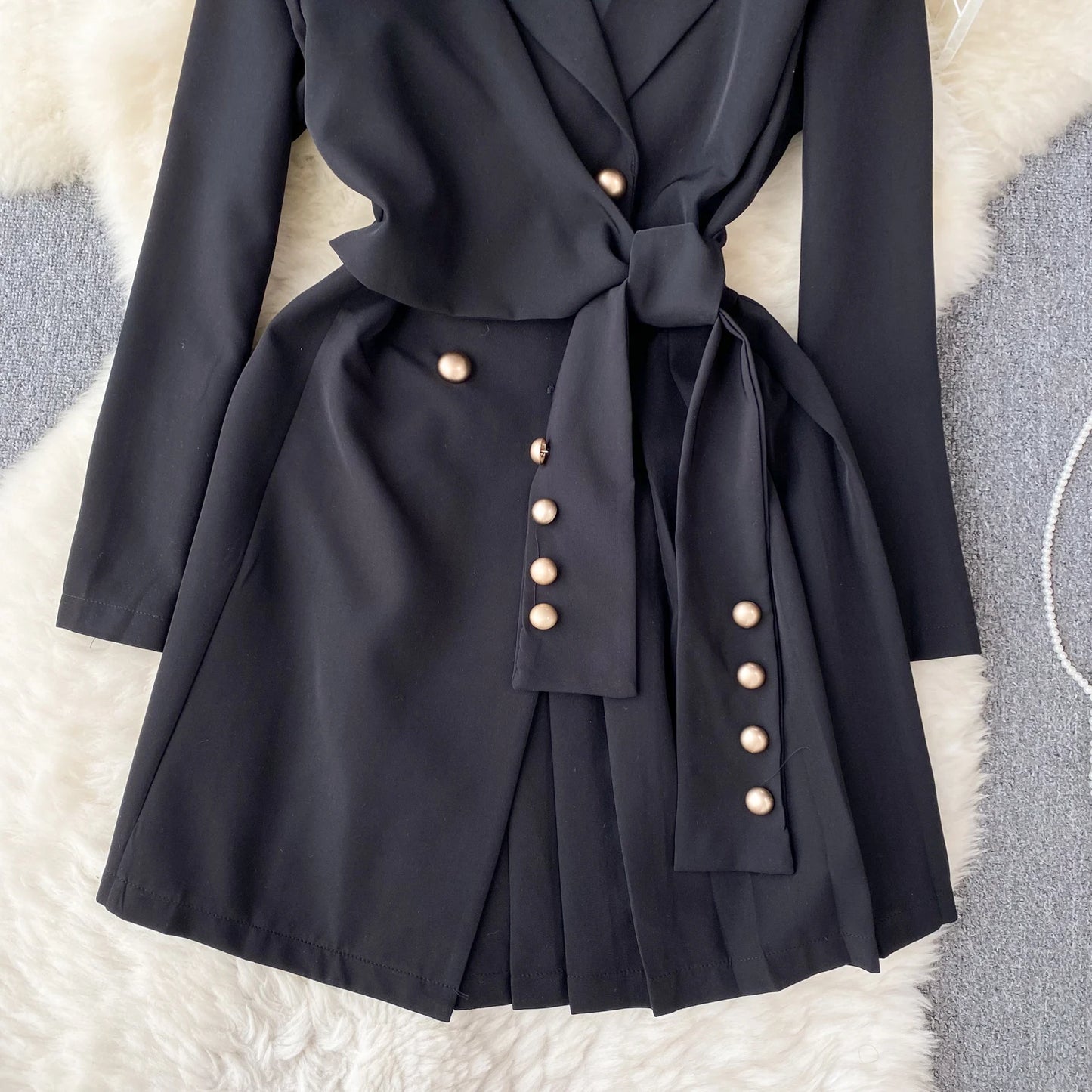 Women's Fashion Trendy Office Coat Dress Ladies Age Reduce Suit Collar Strap Tight Fit Short Pleated Long Sleeve Dress Coat