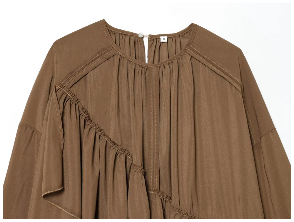 Womens Fashion Blouse Top With Ruffled Round Neck Long Sleeves And Asymmetrical Chiffon Shirt Autumn And Winter Casual Wear