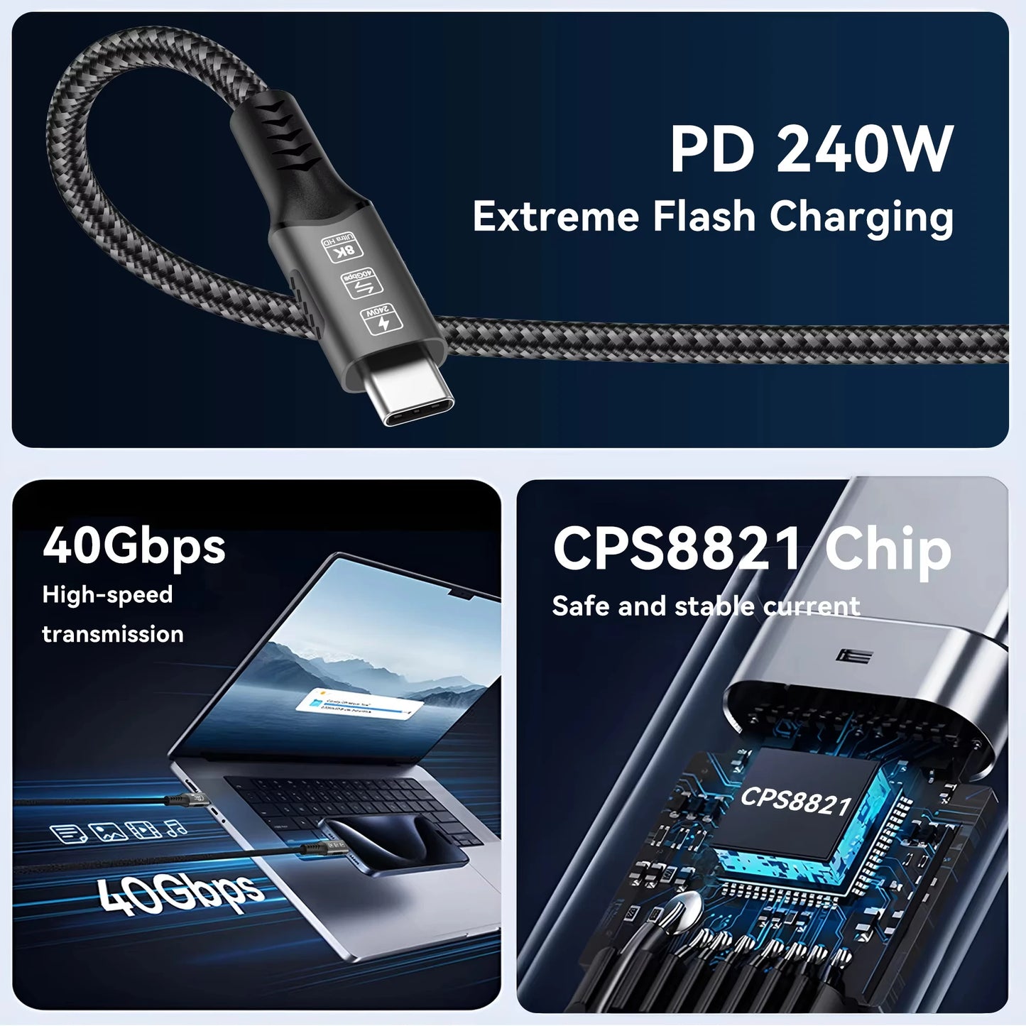 USB4 Cable Thunderbolt 3/4 40Gbps USB-C 8K Video Cable PD240W Fast Charger Suitable for iPhone 16 Macbook Hard Disk Data Cable