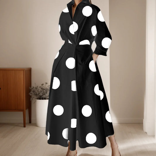 فستان نسائي أنيق مناسب للمكتب بلون سادة وخصر مرتفع وأكمام طويلة وفساتين طويلة أنيقة لحفلات العطلات وفستان طويل للنساء