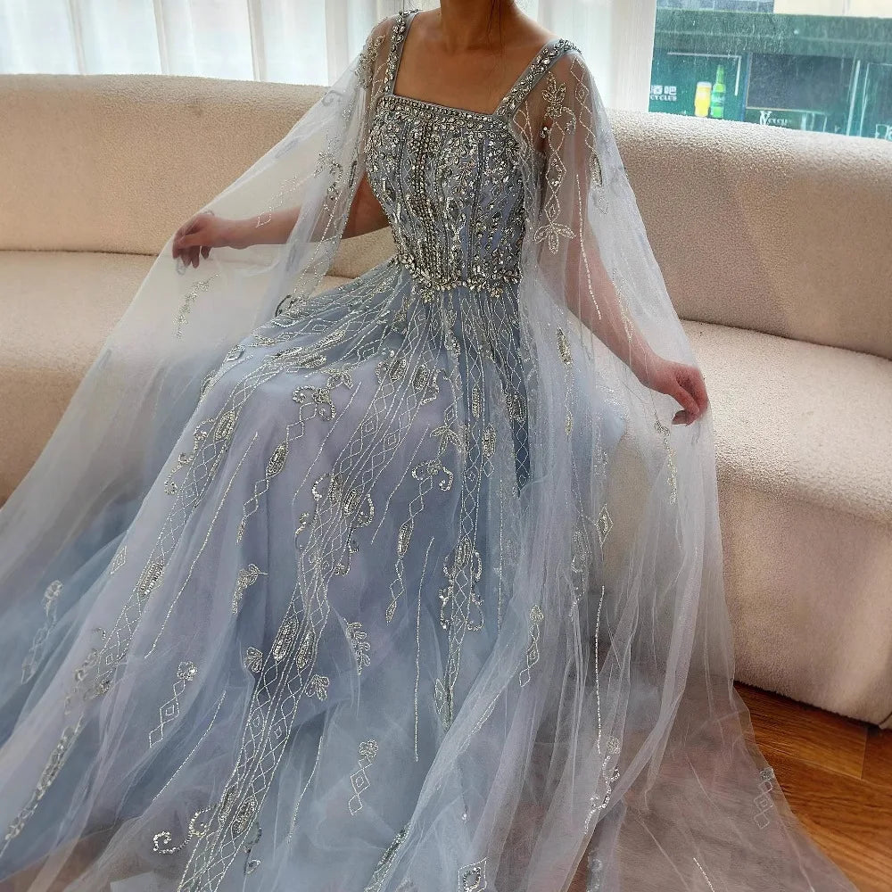 Serene Hill 2025 Arabic Nude A Line Cape Sleeve Crystal Beaded Luxury Evening Dresses Gowns Formal Occasion Customize BLA72764