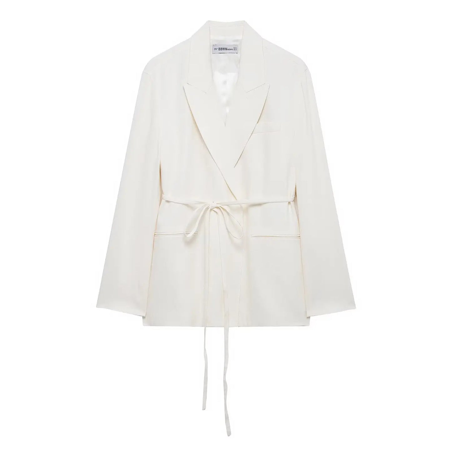 طقم نسائي ربيعي أنيق من HH، يتكون من سترة بيضاء بياقة مطوية وأكمام طويلة وأربطة + بنطلون طويل بسحاب وخصر مرتفع.