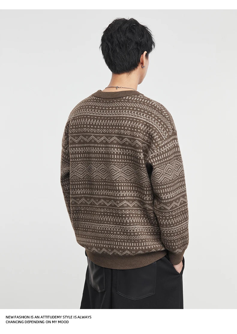 Fashion Men's Knitwear 2025 Autumn Winter New Season Lazy Fair Isle Contrast Retro Loose Crewneck Sweater Pullover