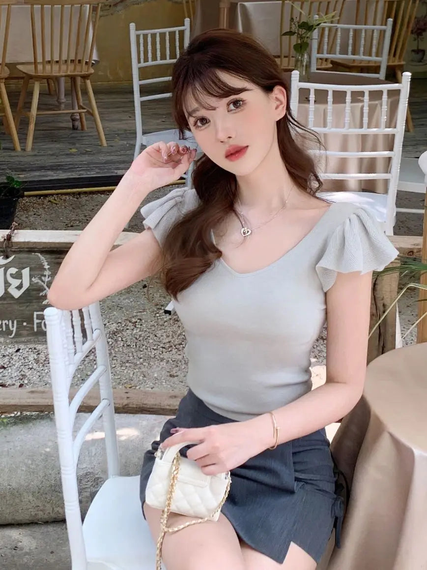 Women Clothes Summer Casual Fashion Simplicity Solid Color V-neck Tops Women's Trend All-match Sweet Temperament Slim T-Shirt SwiftNest