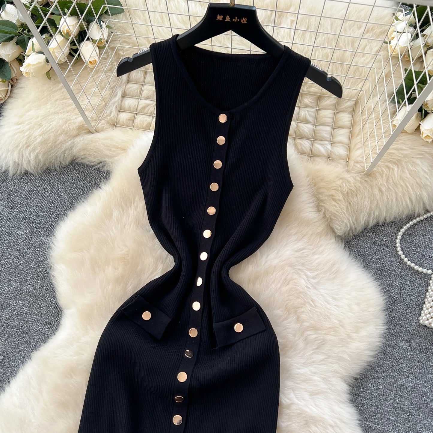 2025 New Women Chic Fashion With Golden Buttons Knitted Midi Dress O Neck Sleeveless Female Dresses Vestidos Mujer