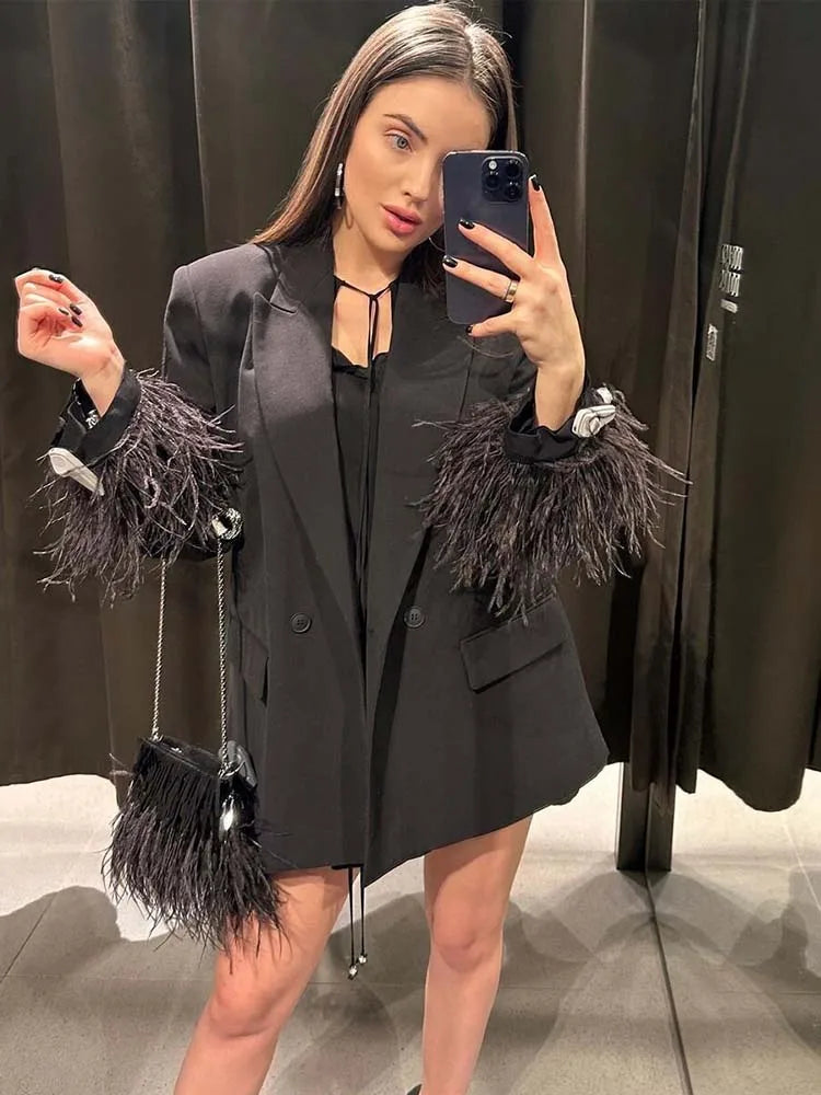 Women Fashion Chic Black With Feather Blazer Jacket Elegant Notched Neck Single Button Long Sleeves Female Outfits
