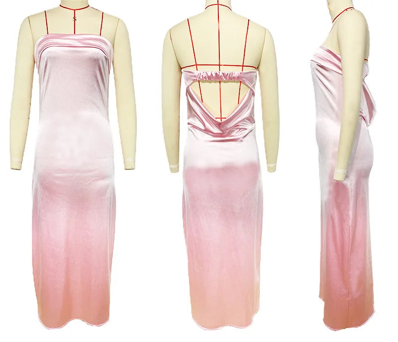 2025 New Fashion Women Sexy Dress Solid Color Wrapp Chest Elastic Backless Satin Dresses Casual Summer Bodycon Dress Party Dress