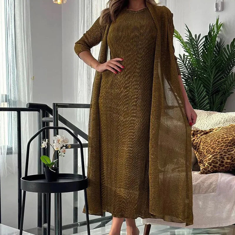 Womens Dresses Fashion 2025 Pleated Clothing Womens 2 Piece Outfit Two Piece Sets Metallic Fabrics Casual Long Dresses