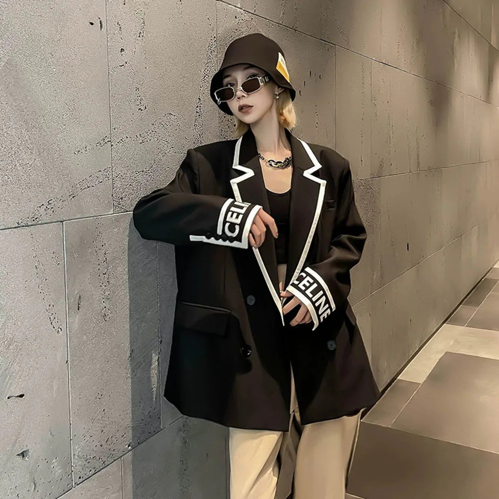 Women Fashion Jacket Wedding Casual Business High Quality Black Blazer Suit Coat Ladies Double Breasted Letter Long Sleeve Tops