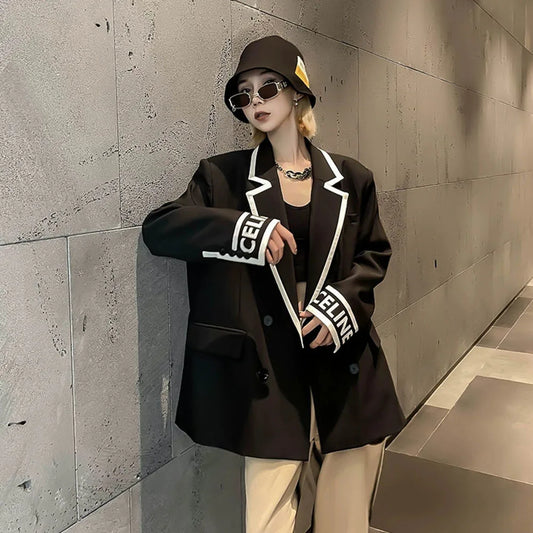 Women Fashion Jacket Wedding Casual Business High Quality Black Blazer Suit Coat Ladies Double Breasted Letter Long Sleeve Tops