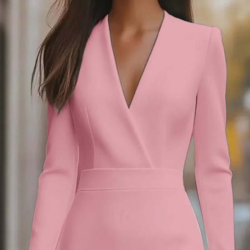 Fashion Women's Dress New Fall Deep V-neck Waist-hugging Solid Color Long-sleeve Pencil Midi Black Dresses For Women Streetwear SwiftNest