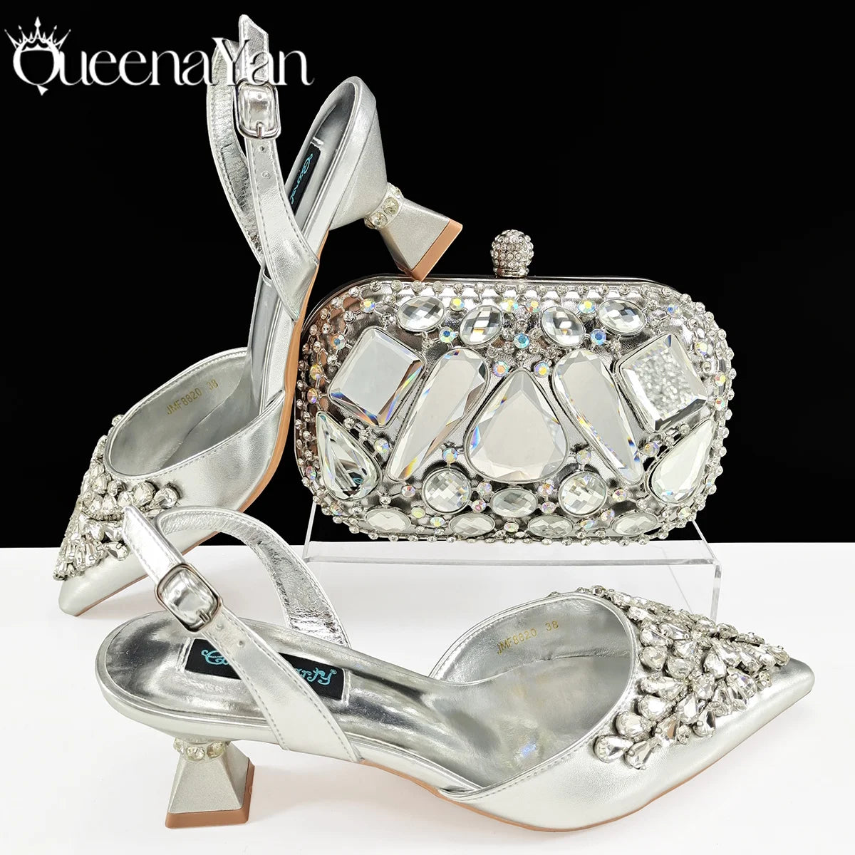 Queena Yan Italian shoes and handbags accessory set with rhinestone metal embellishments Wedding shoes Bridal shoes Designer