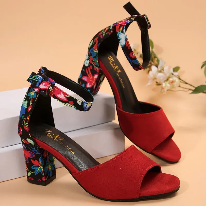 Summer New Thick Heel Sandals for Women Round Head Open-toe Line with Printed Non-slip Wear-resistant Fish Mouth High Heels
