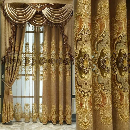 European-style Curtains for Luxury Living Room Upscale Door Chenille Embroidered Coffee Color Bedroom Window Villa Valance