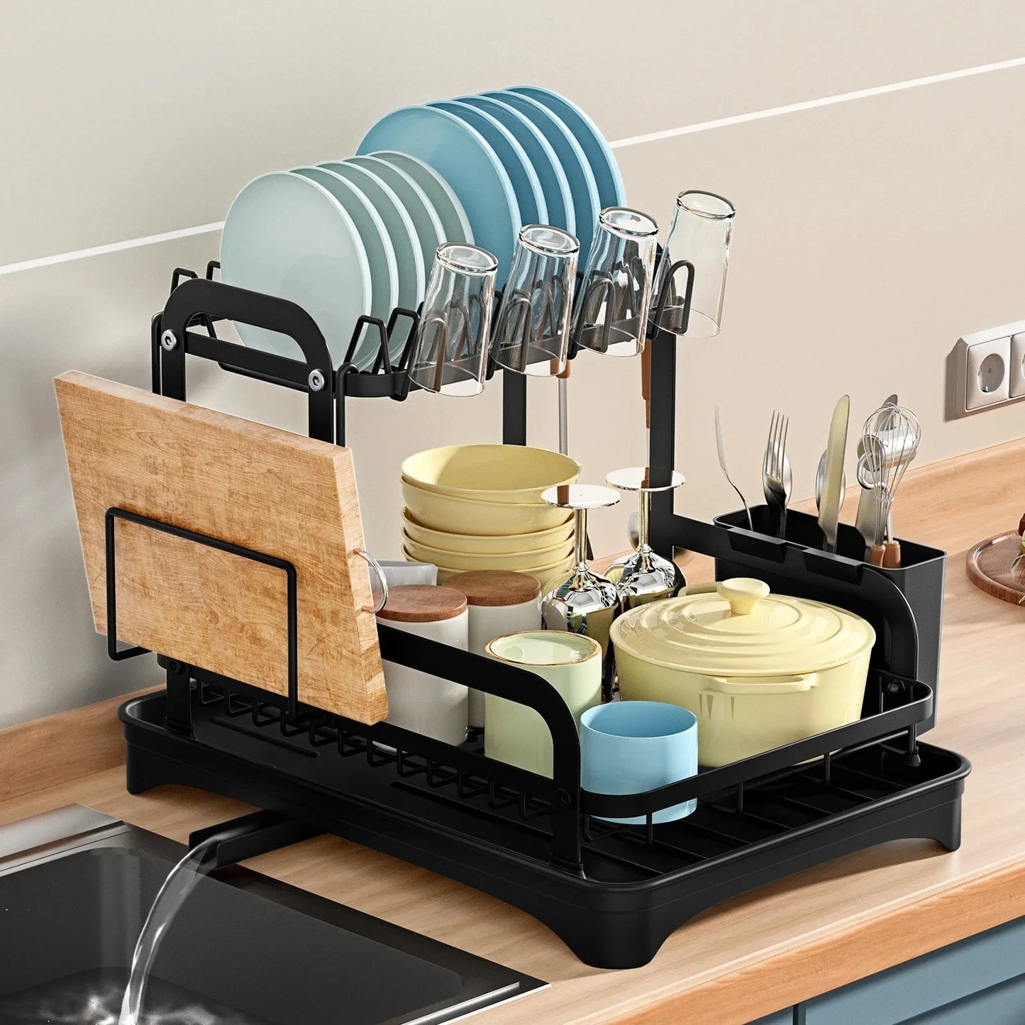 Kitchen Desktop Shelf Multi-functional Large Capacity Kitchenware Tableware Organizer Dish Drainage Rack Cutlery Storage Rack