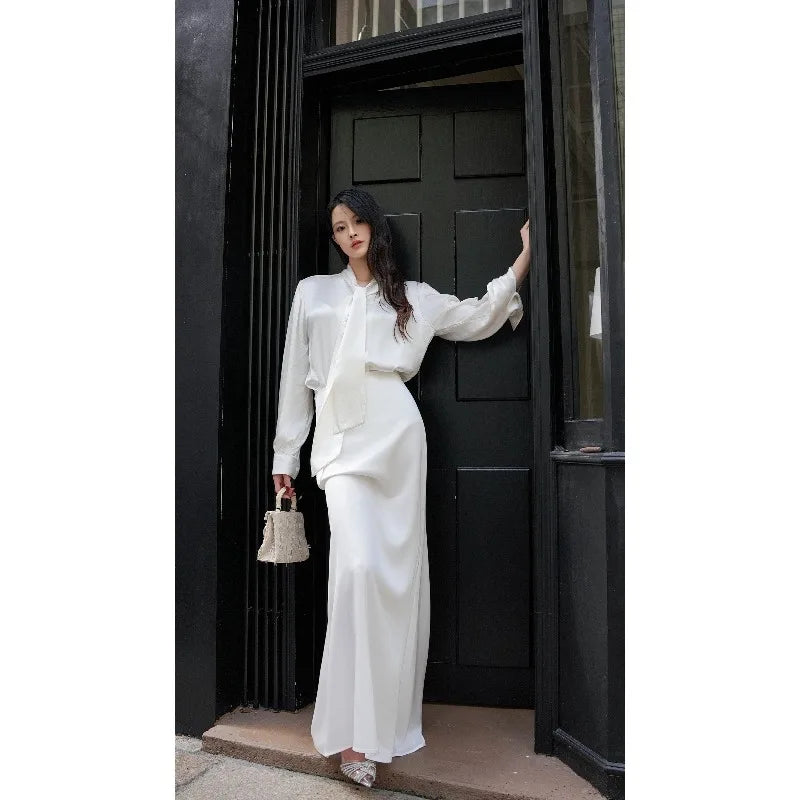 Women's Fashion Trend Sexy Goddess Level Satin Silk Feeling Floor Dragging White Fishtail Skirt Half Skirt Long Sleeved Silk Top