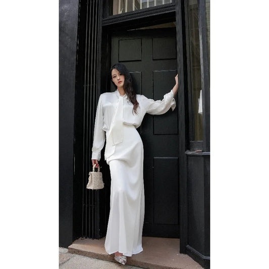 Women's Fashion Trend Sexy Goddess Level Satin Silk Feeling Floor Dragging White Fishtail Skirt Half Skirt Long Sleeved Silk Top