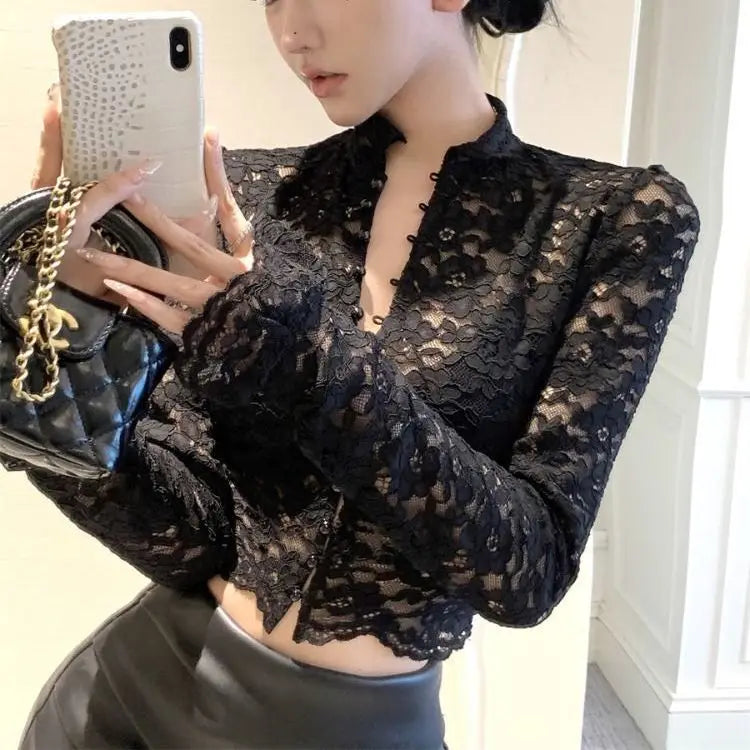 Women Clothing Spring Autumn Fashion Simplicity Trend Lace Button Solid Color Ladies Pure Desire Wind Bottoming Shirt Cardigan