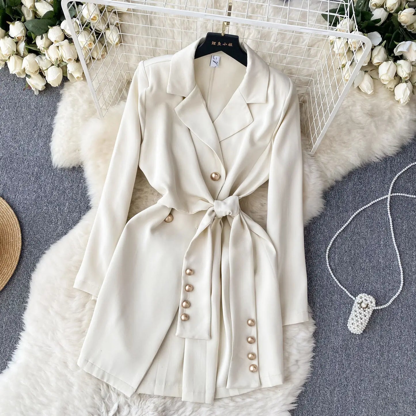 Women's Fashion Trendy Office Coat Dress Ladies Age Reduce Suit Collar Strap Tight Fit Short Pleated Long Sleeve Dress Coat