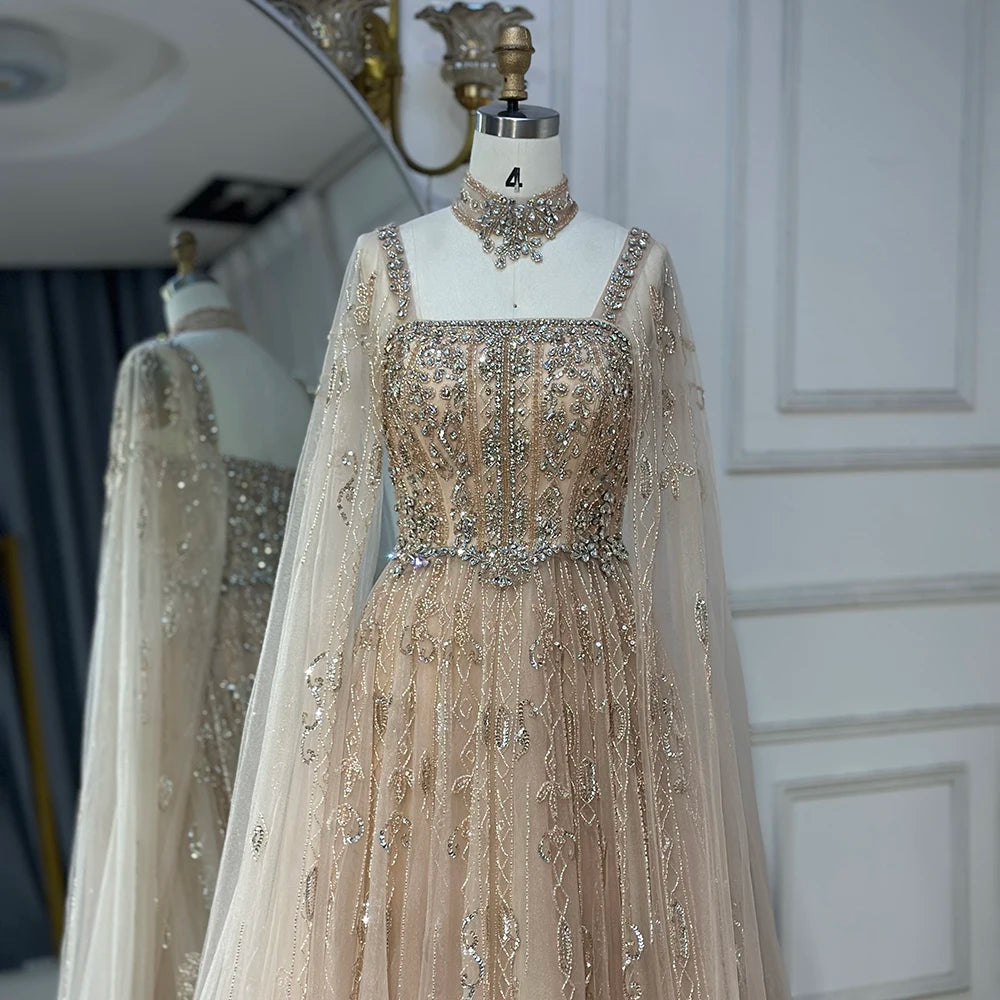 Serene Hill 2025 Arabic Nude A Line Cape Sleeve Crystal Beaded Luxury Evening Dresses Gowns Formal Occasion Customize BLA72764