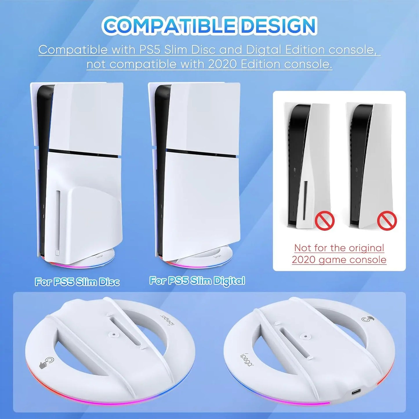 IPEGA Vertical Stand for PS5 Slim Console Disc and Digital with 14 Light Mode, RGB Base Stand for PS5 Slim Console