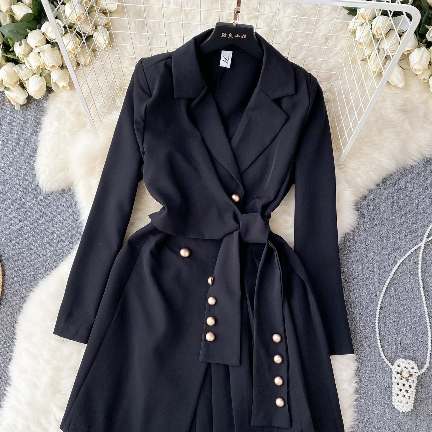 Women's Fashion Trendy Office Coat Dress Ladies Age Reduce Suit Collar Strap Tight Fit Short Pleated Long Sleeve Dress Coat