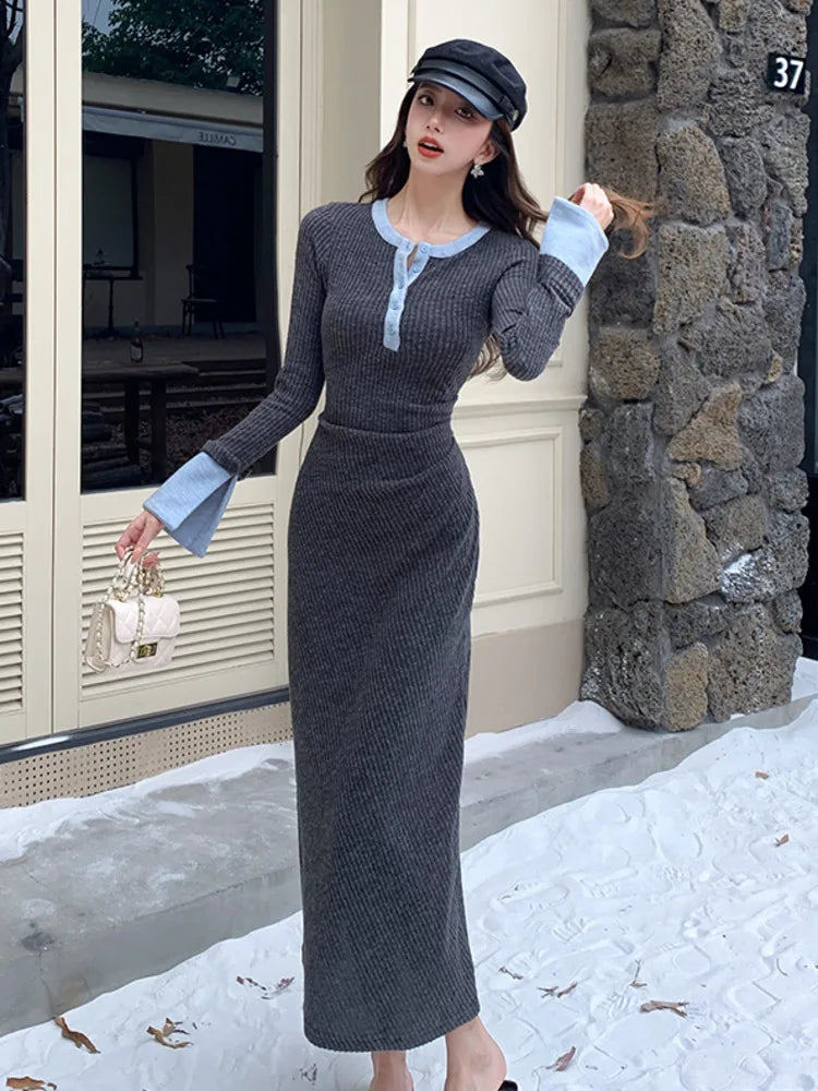 2025 Spring New Women Fashion Casual O-neck Party Dresses Ladies French Elegant Slim Waist Knitted Long Dress Vestidos Longos