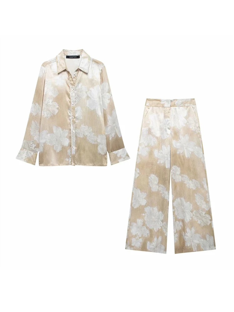 Women's Suit Spring-Summer 2024 New Fashionable Floral-Print Satin Shirt Printed Pants Elegant chic women's suit SwiftNest