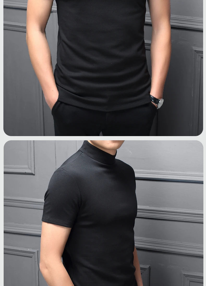Mens Fashion T-shirt Mock Turtleneck Solid Knit Pullover Sweater Short Sleeve Casual Solid Color Dating Slim Fit Tops Undershirt