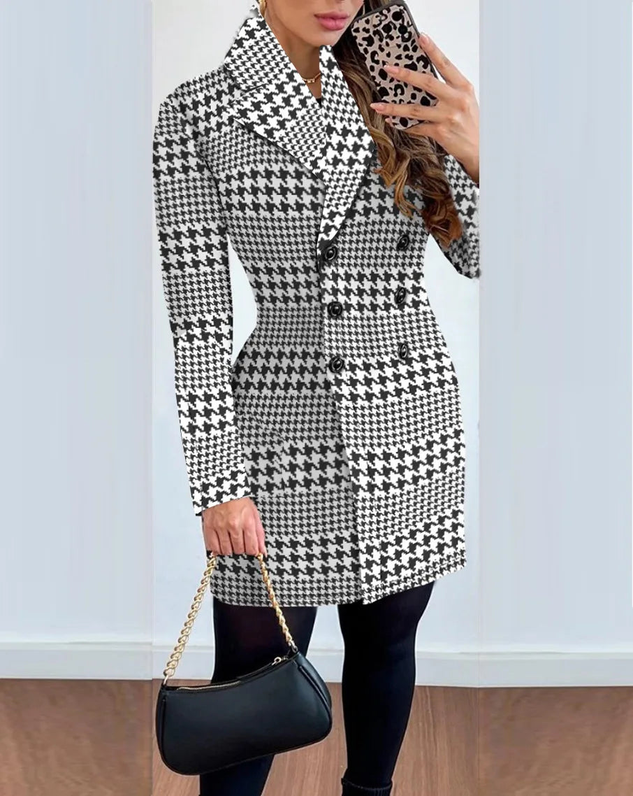 Autumn Winter Fashion Plaid Woolen Coat Dress Women Causal Office Ladies V-neck Double Breasted Slim Woolen Coat Dress Women SwiftNest