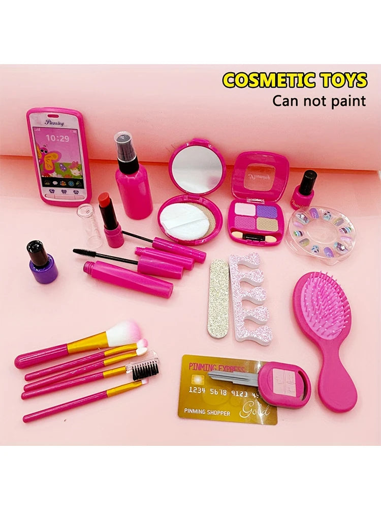 مجموعة مكياج تظاهرية للبنات مع حقيبة مستحضرات تجميل، لعبة بيت مكياج، مجموعة سفر للهاتف المحمول، مجموعة تجميل الأظافر، أحمر الشفاه، لعبة ممتعة
