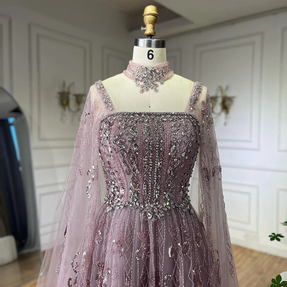 Serene Hill 2025 Arabic Nude A Line Cape Sleeve Crystal Beaded Luxury Evening Dresses Gowns Formal Occasion Customize BLA72764