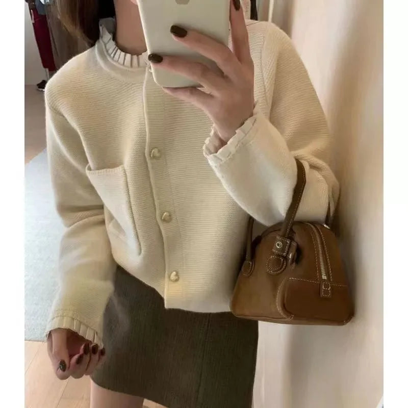 Women's Clothing 2025 Autumn New Love Button Knitted Cardigan Jacket Lazy Style Sweet Fashion Sweater Tops