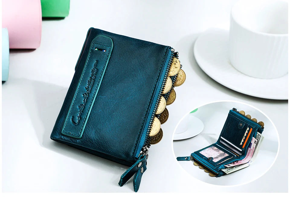 محفظة قصيرة من الجلد الأصلي للنساء من CONTACT'S، حامل بطاقات فاخر بتصميم محفظة عملات معدنية ومشبك نقود ومحفظة صغيرة للنساء والرجال