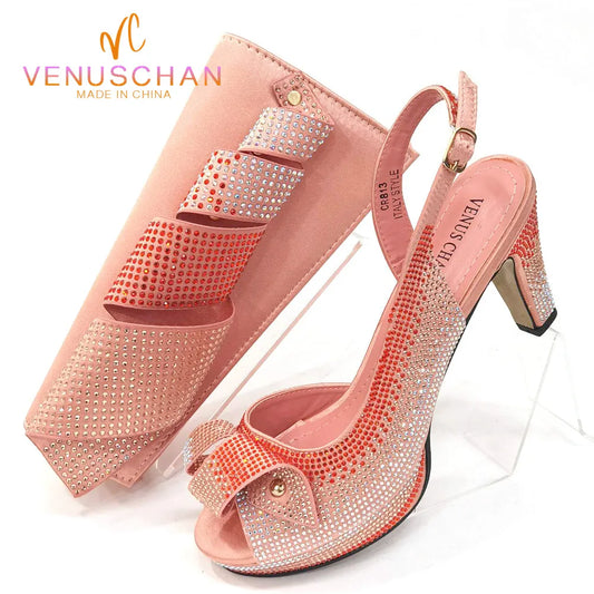 Venus Chan Newest INS Style Peach Color Rhinestone Elegant High Heels Nigeria Popular Design African Ladies Shoes And Bag Set