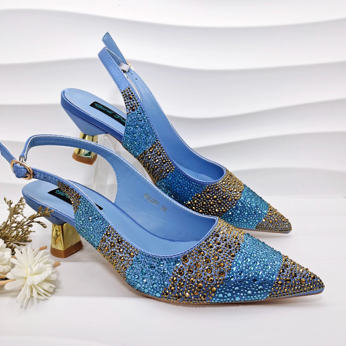 New Italian Design Stylish And Elegant Sky Blue Rhinestone Embellished Satin Pointy Toe Pumps And Clutch Bag