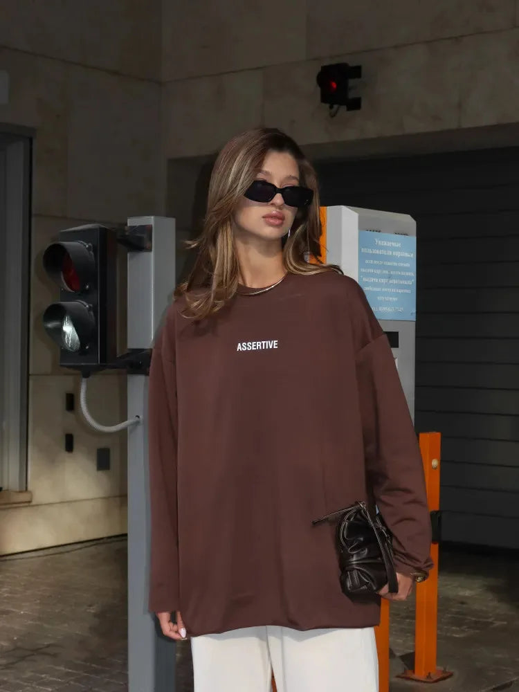 Women's Clothing Spring Loose Solid Color Round Neck Long Sleeve Tops Casual Fashion Simple Style All-match Trendy Comfortable