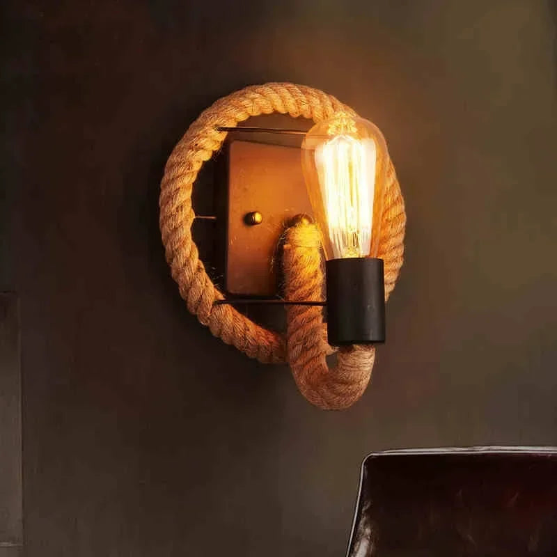Bedside bedroom decorative wall lamp retro staircase hallway iron hemp rope lamp American industrial style Sconce lamp