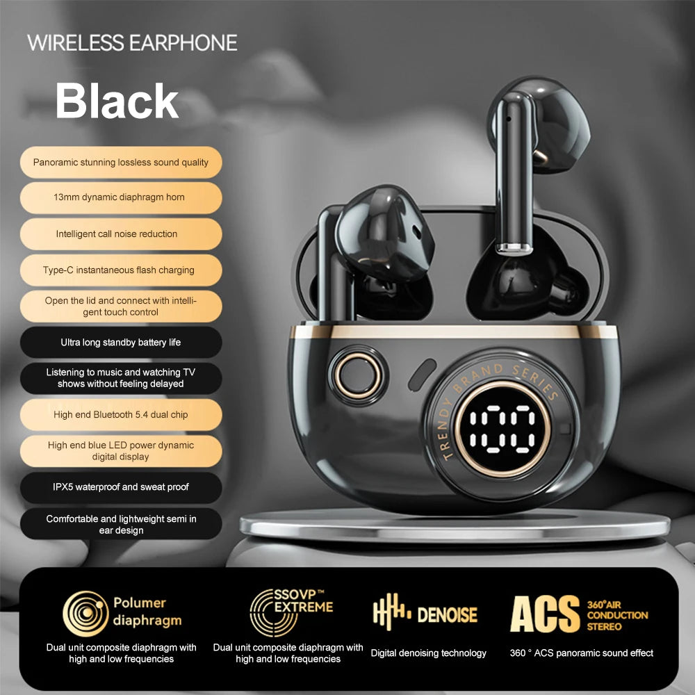 Bluetooth 5.4 Earphones TWS Wireless Headphones Mini Earbuds LED Display Gaming Headsets HiFi Stereo Noise Reduction Earphone