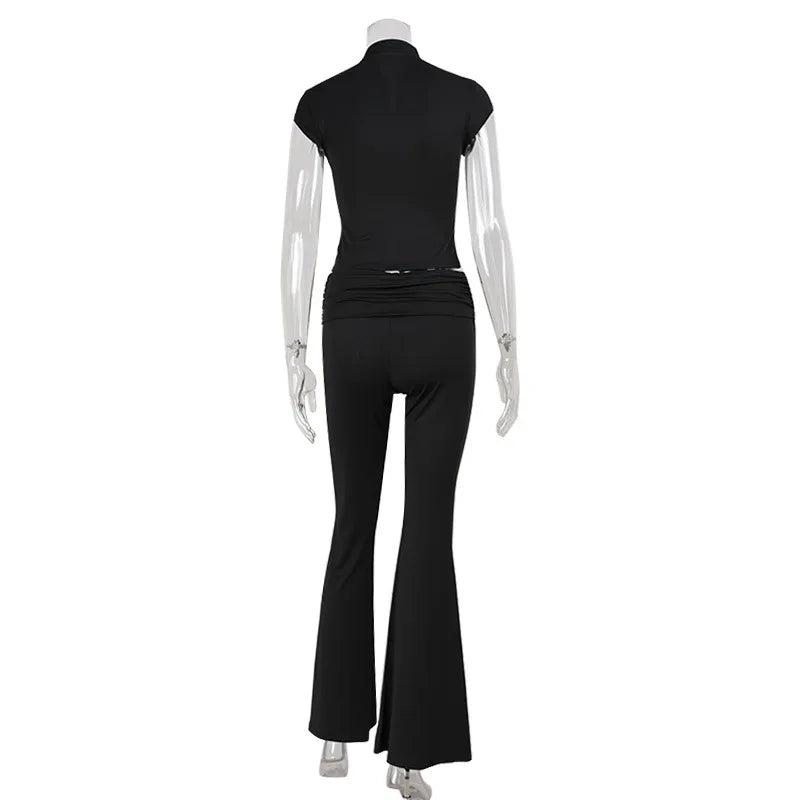 Women's Fashion Short Sleeve Pants Set Chic Tight Zipper Top Straight Leg Low Waist Trousers Casual Streetwear Commute Outfit