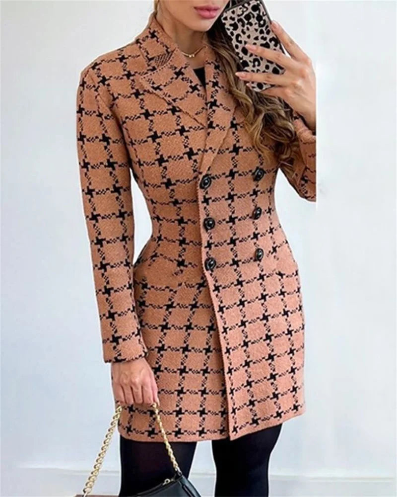 Autumn Winter Fashion Plaid Woolen Coat Dress Women Causal Office Ladies V-neck Double Breasted Slim Woolen Coat Dress Women SwiftNest