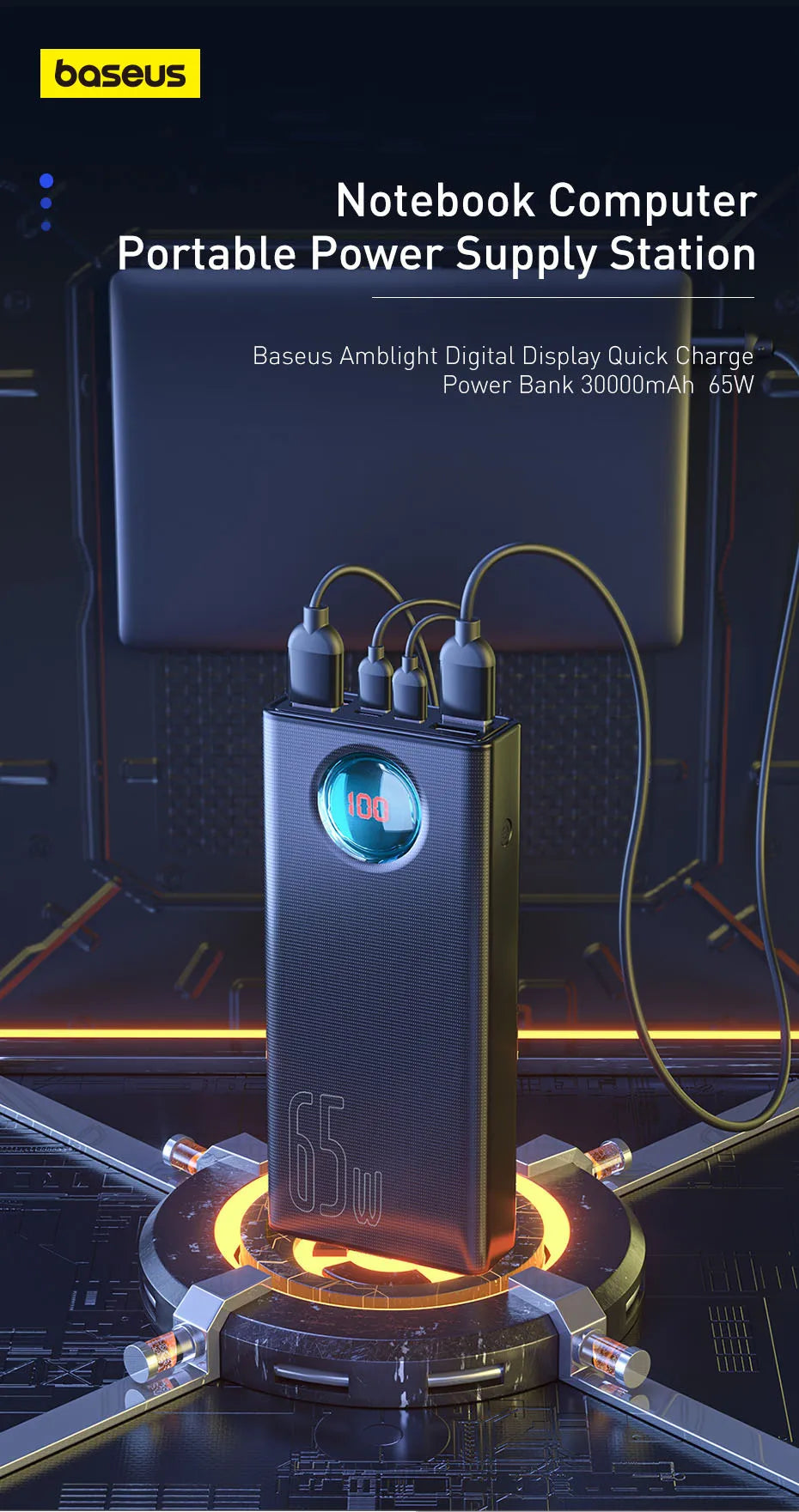 Baseus 65W Power Bank 30000mAh PD Quick Charge FCP SCP Powerbank Portable External Charger For Smartphone Laptop iPhone Tablet