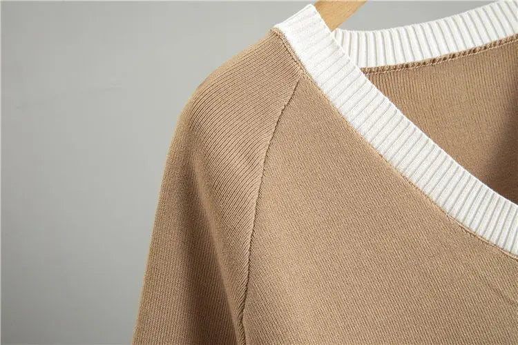 Fashionable Casual Suit for Women 2025 Spring and Autumn V-neck Contrasting Sweater Loose Wide-leg Pants Two-piece Set