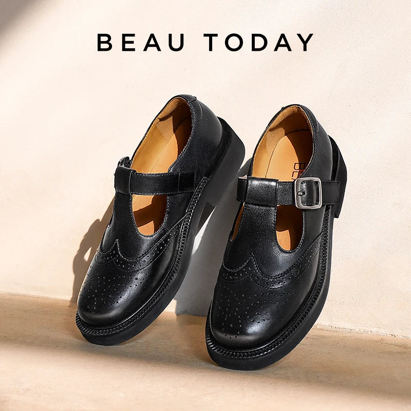 BEAUTODAY Retro Mary Janes Women Calfskin Leather T-Strap Buckle Strap Waxing Round Toe Solid Color Ladies Shoes Handmade 28349