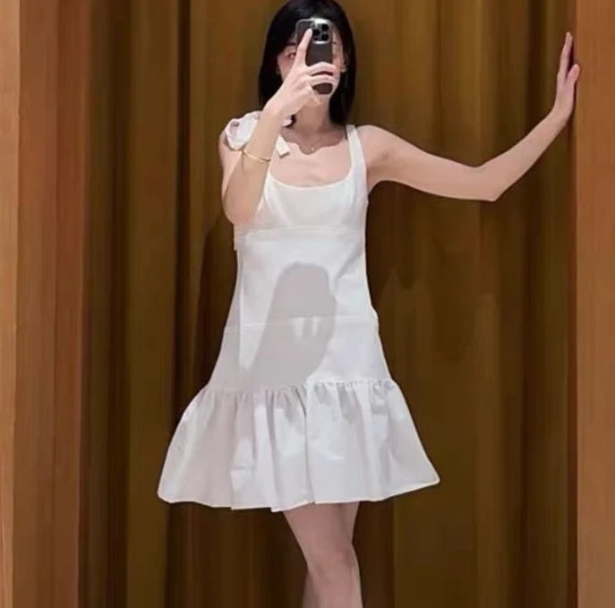 Women's white fashion patchwork dress with ruffled suspenders, slim-fitting square neck, elegant mini dress SwiftNest