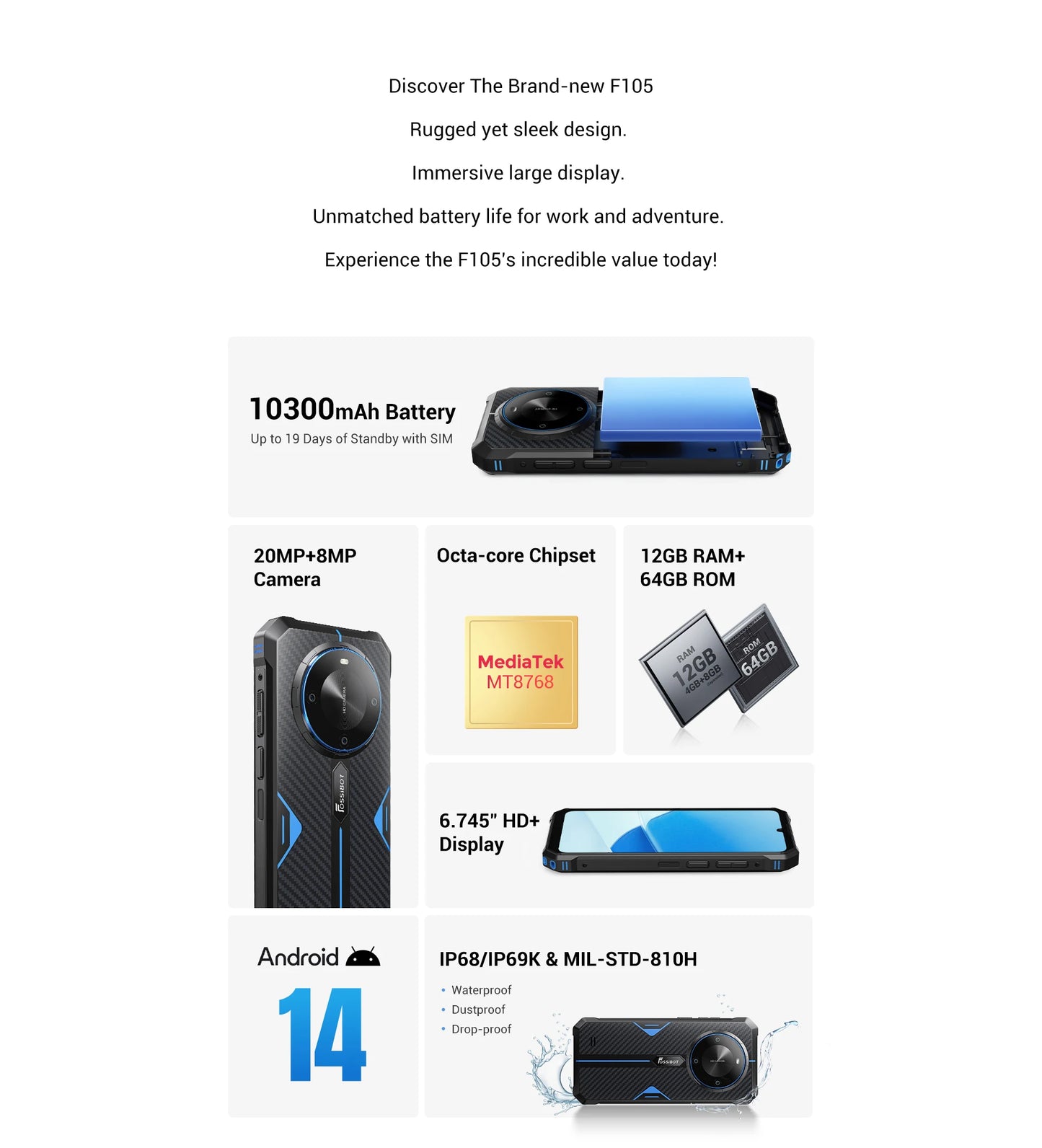 [العرض العالمي الأول] هاتف FOSSiBOT F105 الذكي المتين بنظام تشغيل أندرويد 14 وذاكرة وصول عشوائي 12 جيجابايت وذاكرة داخلية 64 جيجابايت وكاميرا 20 ميجابكسل وشاشة 6.745 بوصة عالية الدقة وشاشة IPS